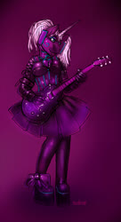 Size: 542x1000 | Tagged: safe, artist:turbinedivinity, oc, oc only, unicorn, anthro, blinders, clothes, collar, dress, female, gradient background, guitar, high heels, horn, latex dress, lock, musical instrument, shoes, solo, unicorn oc