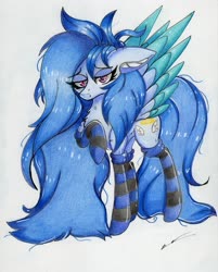 Size: 2459x3053 | Tagged: safe, artist:luxiwind, oc, oc only, oc:blur breeze, pegasus, pony, clothes, female, high res, mare, socks, solo, striped socks, traditional art, two toned wings, wings
