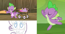 Size: 1124x594 | Tagged: safe, artist:weaver, edit, screencap, applejack, rarity, spike, dragon, earth pony, pony, dragon quest, father knows beast, g4, apron, clothes, cookie, cropped, dexterous hooves, eyes closed, food, happy, heart eyes, majestic as fuck, male, naked apron, offscreen character, simple background, smiling, solo focus, teapot, white background, wingding eyes, winged spike, wings