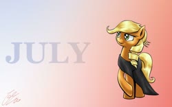 Size: 1024x640 | Tagged: safe, artist:lucas_gaxiola, applejack, earth pony, pony, g4, abstract background, alternate hairstyle, applejack also dresses in style, black dress, calendar, clothes, dress, dressing, female, mare, raised hoof, signature, solo, tomboy taming