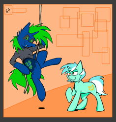 Size: 2616x2776 | Tagged: safe, artist:lucas_gaxiola, lyra heartstrings, oc, pony, unicorn, g4, abstract background, bedroom eyes, climbing, clothes, duo, fangs, female, grin, high res, male, mare, raised hoof, rope, signature, smiling, stallion