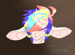 Size: 545x406 | Tagged: safe, artist:-censored-, oc, oc only, oc:elliot, pony, unicorn, bust, gradient background, hair over eyes, horn, impossibly large ears, multicolored hair, rainbow hair, signature, smiling, solo, unicorn oc