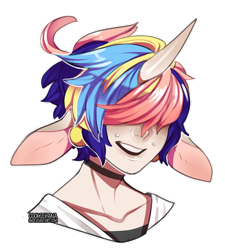 Size: 600x668 | Tagged: safe, artist:cookiehana, oc, oc only, oc:elliot, unicorn, anthro, bust, choker, clothes, hair over eyes, horn, impossibly large ears, multicolored hair, rainbow hair, simple background, solo, transparent background, unicorn oc