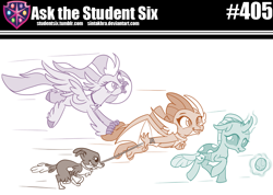 Size: 800x569 | Tagged: safe, artist:sintakhra, ocellus, silverstream, smolder, winona, changedling, changeling, classical hippogriff, dog, dragon, hippogriff, tumblr:studentsix, g4, ball, bandana, cute, diaocelles, diastreamies, flying, happy, jewelry, leash, magic, necklace, post-it, running, smolderbetes, this will end in detention, tongue out, winonabetes