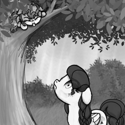 Size: 800x800 | Tagged: safe, artist:nimaru, oc, oc only, oc:honeycrisp, oc:winter willow, pegasus, pony, didn't think this through, female, floppy ears, mare, monochrome, tongue out, tree
