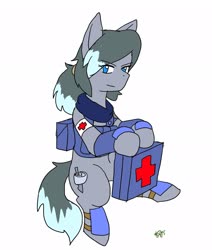 Size: 1734x2048 | Tagged: safe, artist:omegapony16, oc, oc only, oc:oriponi, earth pony, pony, armor, backpack, clothes, earth pony oc, female, mare, medic, red cross, scarf, signature, simple background, smiling, solo, white background