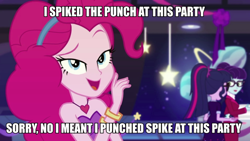 Size: 900x506 | Tagged: safe, pinkie pie, twilight sparkle, equestria girls, g4, abuse, animal abuse, background pony strikes again, caption, go to sleep garble, image macro, implied spike, meme, shitposting, spikeabuse, text