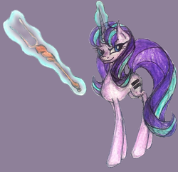 Size: 616x595 | Tagged: safe, artist:mysteriousshine, starlight glimmer, pony, unicorn, g4, the cutie map, equal cutie mark, female, glowing horn, horn, magic, mare, s5 starlight, simple background, smiling, smirk, solo, staff, staff of sameness, telekinesis, traditional art