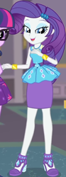 Size: 330x888 | Tagged: safe, screencap, rarity, twilight sparkle, equestria girls, g4, my little pony equestria girls: better together, school of rock, clothes, cropped, cute, dress, female, field trip, geode of shielding, gold, hairclip, high heels, jewelry, lidded eyes, looking down, magical geodes, museum, raribetes, shoes, skirt, sleeveless, smiling, waistband, wrist cuffs
