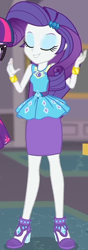 Size: 318x907 | Tagged: safe, screencap, rarity, twilight sparkle, equestria girls, g4, my little pony equestria girls: better together, school of rock, clothes, cropped, cute, diamond, dress, eyes closed, female, field trip, geode of shielding, gold, hairclip, high heels, jewelry, legs, magical geodes, museum, raribetes, rarity peplum dress, shoes, skirt, sleeveless, smiling, waistband, wrist cuffs