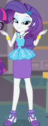 Size: 342x902 | Tagged: safe, screencap, rarity, sci-twi, twilight sparkle, equestria girls, g4, my little pony equestria girls: better together, school of rock, clothes, cropped, cute, diamond, dress, female, field trip, geode of shielding, gold, hairclip, high heels, jewelry, legs, lidded eyes, looking down, magical geodes, museum, raribetes, rarity peplum dress, shoes, shrug, skirt, sleeveless, smiling, wrist cuffs