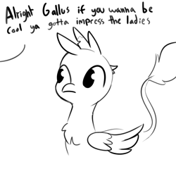 Size: 2250x2250 | Tagged: safe, artist:tjpones, part of a set, gallus, griffon, g4, dialogue, high res, male, monochrome, offscreen character, simple background, white background