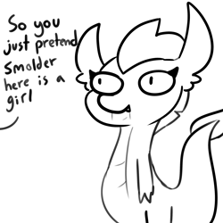 Size: 2250x2250 | Tagged: safe, artist:tjpones, part of a set, smolder, dragon, g4, dialogue, female, high res, implied gallus, monochrome, offscreen character, simple background, white background