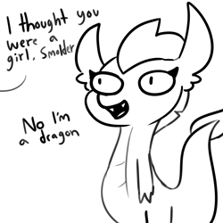 Size: 2250x2250 | Tagged: safe, artist:tjpones, part of a set, smolder, dragon, g4, ambiguous gender, dialogue, female, high res, implied gallus, monochrome, offscreen character, simple background, white background