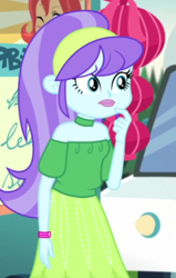 Size: 588x923 | Tagged: safe, screencap, aqua blossom, equestria girls, equestria girls series, g4, sunset's backstage pass!, spoiler:eqg series (season 2), bare shoulders, confused, cropped, cute, female, food truck, outdoors, solo focus, wristband