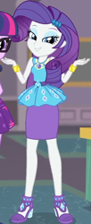 Size: 366x899 | Tagged: safe, screencap, rarity, sci-twi, twilight sparkle, equestria girls, g4, my little pony equestria girls: better together, school of rock, clothes, cropped, cute, diamond, dress, female, field trip, geode of shielding, gold, hairclip, high heels, jewelry, legs, lidded eyes, looking down, magical geodes, museum, raribetes, rarity peplum dress, shoes, shrug, skirt, sleeveless, smiling, waistband, wrist cuffs