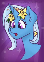 Size: 1280x1803 | Tagged: safe, artist:cadetredshirt, trixie, pony, unicorn, g4, bust, ear fluff, female, floral head wreath, flower, flower in hair, gradient background, head, horn, mare, shocked, simple background, solo, surprised, surprised face, two toned mane