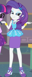 Size: 381x912 | Tagged: safe, screencap, rarity, sci-twi, twilight sparkle, equestria girls, g4, my little pony equestria girls: better together, school of rock, clothes, cropped, cute, diamond, dress, female, field trip, geode of shielding, gold, hairclip, high heels, jewelry, legs, lidded eyes, looking down, magical geodes, museum, raribetes, rarity peplum dress, shoes, shrug, skirt, smiling, waistband, wrist cuffs