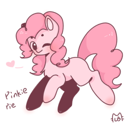 Size: 650x650 | Tagged: dead source, safe, artist:luyamebi, pinkie pie, earth pony, pony, g4, chest fluff, cute, diapinkes, female, floating heart, heart, looking at you, mare, missing cutie mark, one eye closed, simple background, solo, white background, wink