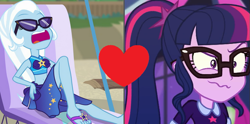 Size: 749x373 | Tagged: safe, edit, edited screencap, screencap, sci-twi, trixie, twilight sparkle, equestria girls, equestria girls series, forgotten friendship, g4, twilight under the stars, spoiler:eqg series (season 2), beach chair, chair, clothes, cropped, female, glasses, lesbian, ship:sci-twixie, ship:twixie, shipping, shipping domino, swimsuit, wavy mouth