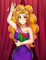 Size: 800x1026 | Tagged: safe, artist:tzc, part of a set, adagio dazzle, human, equestria girls, g4, anime, armpits, bouquet, breasts, busty adagio dazzle, clothes, commission, dress, female, flower, hips, jewelry, purple dress, rose, solo, strapless, tiara, waving, wide hips