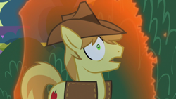 Size: 1920x1080 | Tagged: safe, screencap, braeburn, earth pony, pony, g4, the summer sun setback, bush, canterlot, clothes, cowboy hat, hat, implied lord tirek, male, night, open mouth, solo, stallion, vest, wide eyes