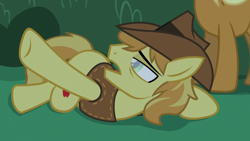 Size: 1920x1080 | Tagged: safe, screencap, apple cobbler, braeburn, earth pony, pony, g4, the summer sun setback, apple family member, bush, canterlot, clothes, cowboy hat, female, hat, helpless, implied lord tirek, looking at someone, male, offscreen character, prone, underhoof, vest
