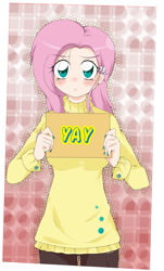 Size: 1037x1713 | Tagged: safe, artist:stalemeat, fluttershy, human, g4, anime, blushing, breasts, busty fluttershy, clothes, cute, cutie mark accessory, cutie mark earrings, female, humanized, nail polish, shyabetes, sign, solo, sweater, sweatershy, yay