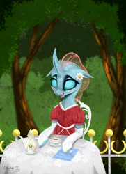 Size: 3250x4500 | Tagged: safe, artist:darksly, ocellus, changedling, changeling, g4, blushing, commission, cottagecore, cute, diaocelles, female, solo, tea, tea party, teapot