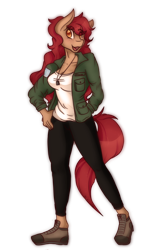 Size: 1242x1920 | Tagged: safe, artist:mscolorsplash, oc, oc only, oc:athena, earth pony, anthro, anthro oc, boots, clothes, commission, female, freckles, looking at you, mare, open mouth, pants, red hair, red mane, red tail, shirt, shoes, signature, simple background, solo, transparent background