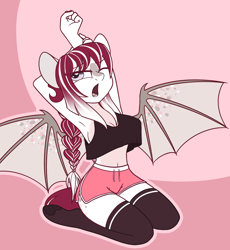 Size: 1400x1520 | Tagged: safe, artist:dativyrose, oc, oc only, oc:alice rose, bat pony, anthro, unguligrade anthro, anthro oc, armpits, belly button, breasts, cleavage, clothes, female, midriff, one eye closed, short shirt, shorts, socks, solo, stockings, stretching, thigh highs, yawn