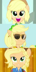Size: 1062x2125 | Tagged: safe, edit, screencap, applejack, a case for the bass, equestria girls, equestria girls series, g4, holidays unwrapped, my little pony equestria girls: legend of everfree, rollercoaster of friendship, winter break-in, spoiler:eqg series (season 2), crystal guardian, cute, female, hair, jackabetes, photo booth, ponied up, sliding background, smiling, solo, sunglasses, super ponied up
