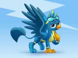 Size: 800x597 | Tagged: safe, artist:jhayarr23, gallus, griffon, g4, blue background, clothes, goggles, griffon wonderbolt, lightning, looking at you, male, non-pegasus wonderbolt, simple background, solo, uniform, wonderbolt gallus, wonderbolts, wonderbolts uniform