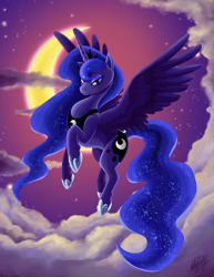 Size: 1280x1657 | Tagged: safe, artist:millyd13, princess luna, alicorn, pony, g4, blue eyes, blue mane, blue tail, cloud, concave belly, crepuscular rays, crescent moon, crown, digital art, ethereal mane, ethereal tail, eyeshadow, feather, female, flowing mane, flowing tail, flying, hoof shoes, horn, jewelry, lidded eyes, long mane, long tail, looking at you, makeup, mare, moon, moonlight, night, peytral, princess shoes, regalia, repaint, signature, sky, smiling, smiling at you, solo, sparkles, spread wings, starry mane, starry tail, stars, tail, wings