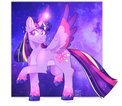 Size: 1377x1200 | Tagged: safe, artist:sensh-ii, twilight sparkle, alicorn, pony, g4, cloven hooves, colored hooves, colored wings, colored wingtips, female, galaxy, glowing horn, horn, mare, multicolored hair, rainbow power, raised hoof, signature, smiling, solo, space, speedpaint available, spread wings, twilight sparkle (alicorn), unshorn fetlocks, wings