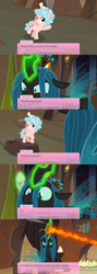 Size: 1092x3072 | Tagged: safe, edit, edited screencap, screencap, cozy glow, queen chrysalis, changeling, changeling queen, pegasus, pony, frenemies (episode), g4, comic, cupcake, doki doki literature club!, female, fitting expression, food, screencap comic, twilog, user interface