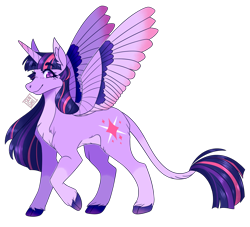 Size: 1458x1322 | Tagged: safe, artist:sensh-ii, twilight sparkle, alicorn, pony, g4, cloven hooves, coat markings, colored wings, colored wingtips, eyebrows, eyebrows visible through hair, female, leonine tail, looking at you, redesign, signature, simple background, smiling, socks (coat markings), solo, speedpaint available, spread wings, transparent background, twilight sparkle (alicorn), wings