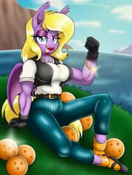 Size: 3000x4000 | Tagged: safe, artist:pananovich, oc, oc only, oc:flourish glade, bat pony, anthro, plantigrade anthro, android 18, bat pony oc, bat wings, biceps, breasts, clothes, cosplay, costume, dragon ball, dragon ball (object), dragon ball z, female, jewelry, lidded eyes, looking at you, mare, muscles, necklace, sitting, solo, wings