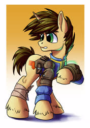 Size: 2480x3508 | Tagged: safe, artist:sonicpegasus, oc, oc only, oc:daylit inquiry, pony, unicorn, fallout equestria, bag, bandage, clothes, fallout, high res, horn, male, pipboy, saddle bag, solo