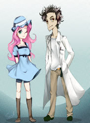 Size: 640x875 | Tagged: safe, artist:sansdy, discord, fluttershy, human, g4, anime style, humanized, mad scientist, mayuri shiina, okabe rintarou, steins;gate, this will end in tears