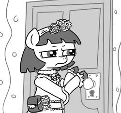 Size: 640x600 | Tagged: safe, artist:ficficponyfic, part of a set, oc, oc only, oc:mulberry telltale, cyoa:madness in mournthread, bag, closed door, cyoa, doubt, female, flower, frills, headband, jewelry, listening, mare, monochrome, mystery, necklace, part of a series, pursed lips, squint, story included, suspicious