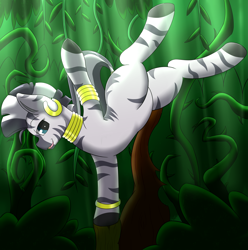 Size: 2775x2800 | Tagged: safe, artist:dracoflames, zecora, pony, zebra, art pack:zecora appreciation project, g4, accessory, bracelet, bush, ear piercing, female, gold, high res, jewelry, leaf, looking at you, open mouth, piercing, solo, tree