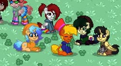 Size: 720x392 | Tagged: safe, oc, oc only, alicorn, earth pony, pegasus, pony, unicorn, pony town, clothes, clover, cute, eyes closed, game screencap, grass, group photo, hat, heterochromia, sitting, socks, striped socks, sweater