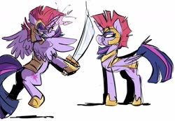 Size: 1290x893 | Tagged: safe, artist:klhpyro, twilight sparkle, alicorn, pony, g4, armor, female, glowing horn, horn, royal guard armor, simple background, solo, sword, twilight sparkle (alicorn), weapon, white background