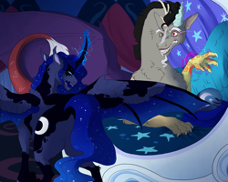 Size: 1280x1024 | Tagged: safe, artist:arexstar, discord, princess luna, pony, g4, alternate design, bat wings, magic, story included, wings