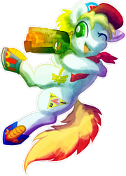 Size: 900x1253 | Tagged: safe, artist:tiothebeetle, oc, oc only, oc:triforce treasure, earth pony, pony, bandana, cap, clothes, colorful, commission, cutie mark, gun, hammershot, hat, male, nerf gun, shoes, simple background, smiling, solo, the legend of zelda, transparent background, triforce, weapon