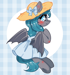 Size: 878x941 | Tagged: safe, artist:rednineuwu, oc, oc only, oc:midnight dagger, bat pony, pony, clothes, cute, dress, hat, looking at you, solo, straw hat, sundress