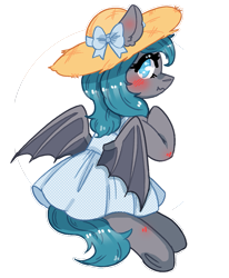 Size: 777x941 | Tagged: source needed, safe, artist:rednineuwu, oc, oc only, oc:midnight dagger, bat pony, pony, clothes, cute, dress, hat, simple background, solo, straw hat, sundress, transparent background