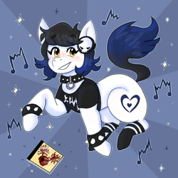 Size: 1024x1024 | Tagged: safe, artist:beffumsartworks, oc, oc only, oc:sindra, earth pony, pony, album cover, clothes, collar, female, headphones, mokoma, music notes, socks, solo