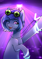 Size: 2894x4093 | Tagged: safe, artist:cottonaime, oc, oc only, oc:raven mcchippy, earth pony, pony, female, goggles, rave, solo